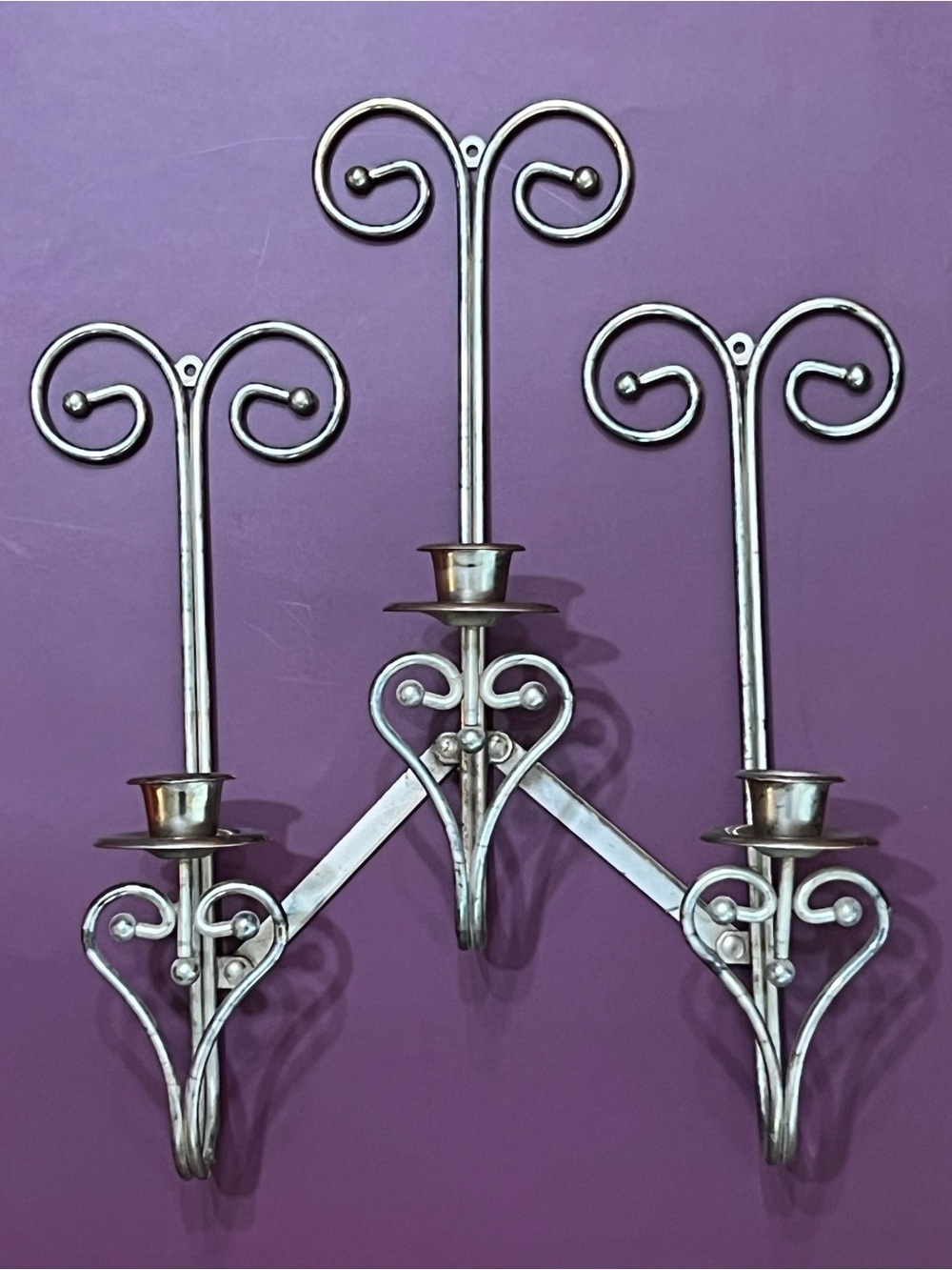 Vintage 1970s 3 Taper Adjustable Metal Wall Sconce Heart Hollywood Regency